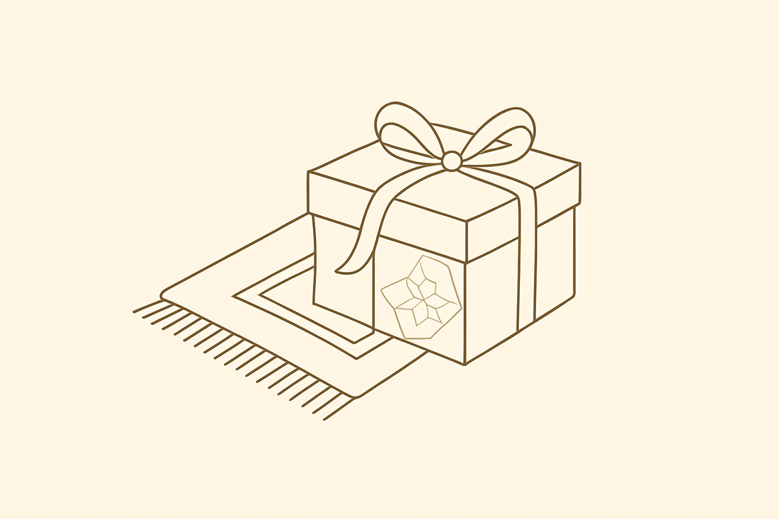 Line-art illustration of a wrapped gift box with a prayer mat corner peeking out