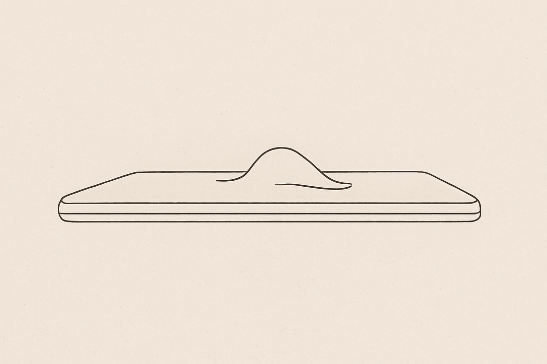 Line-art side-profile illustration of a thin cushioned prayer mat with a gentle knee indent