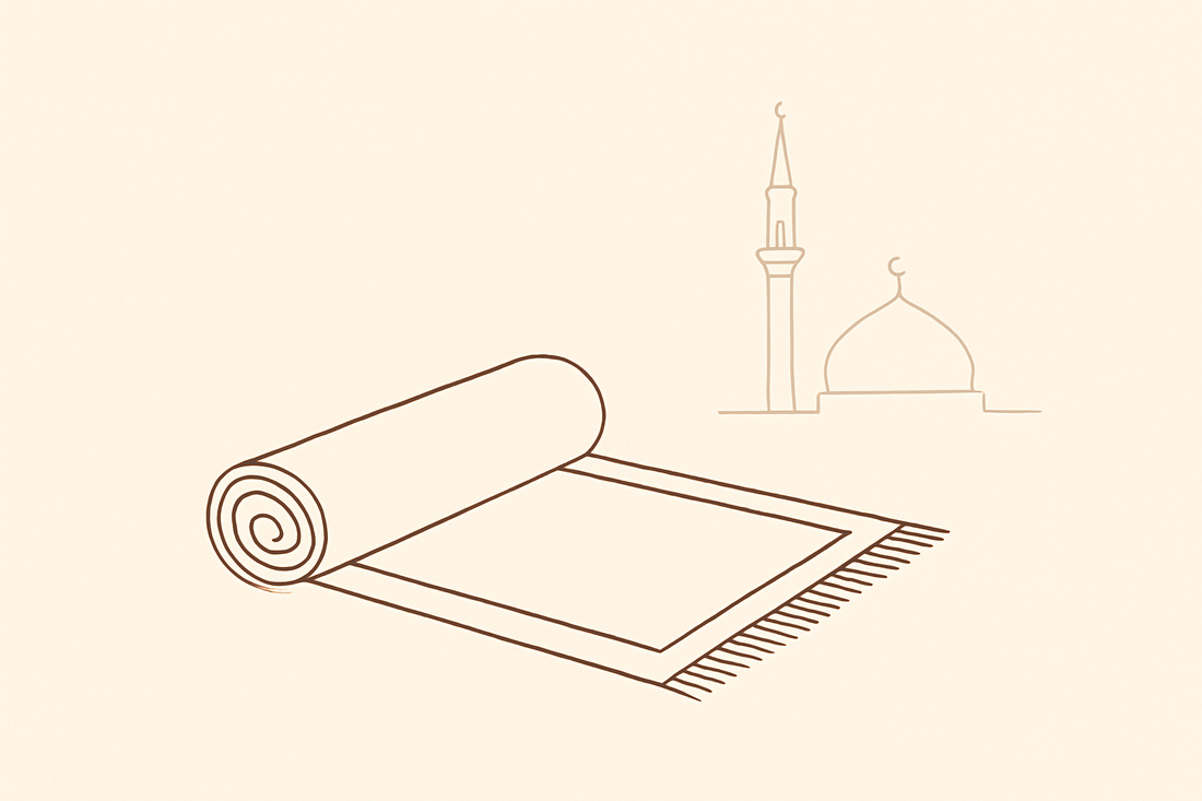 Line-art illustration of a rolled prayer mat with a mosque silhouette in the background
