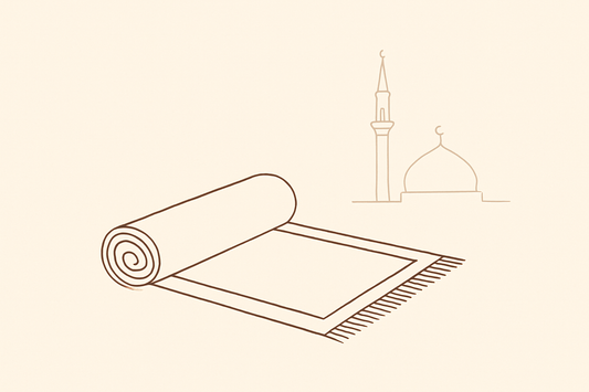 Line-art illustration of a rolled prayer mat with a mosque silhouette in the background