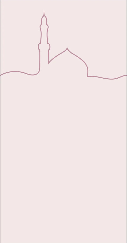 A single continuous line tracing a mosque skyline — minaret and dome — on a soft blush ground