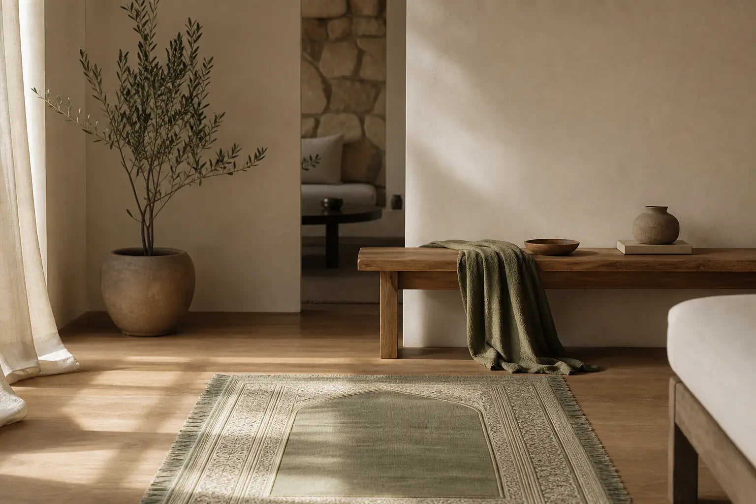 A mat left out on the floor of a sunlit, minimally furnished room, beside a wooden bench and a potted olive branch