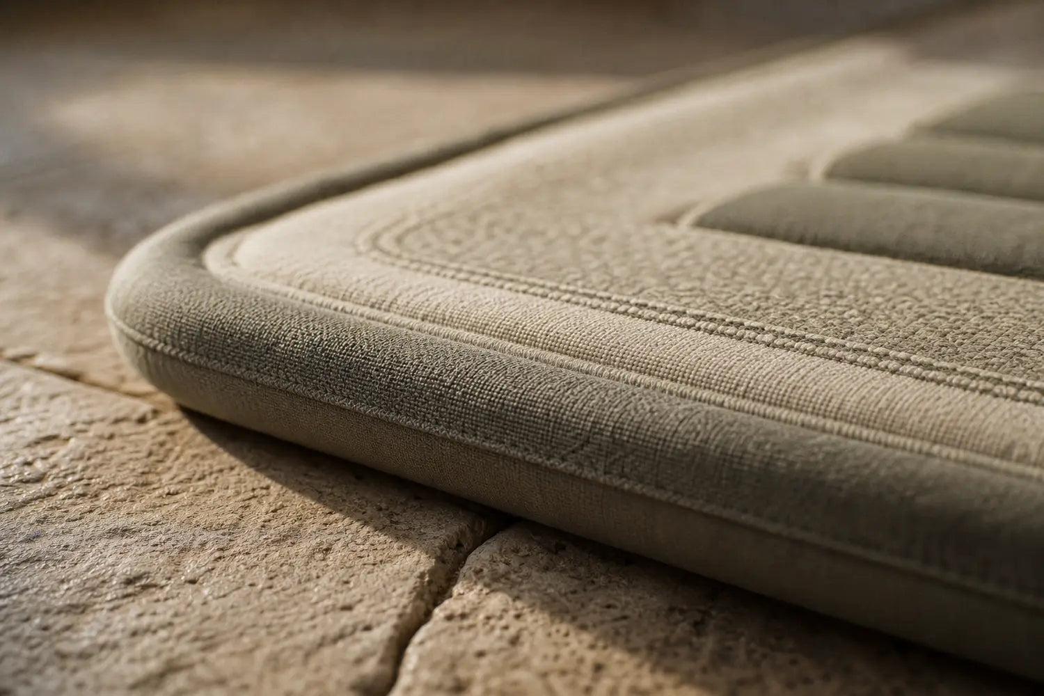 Close-up of a cushioned mat edge on a stone floor, showing its padded depth and woven surface texture